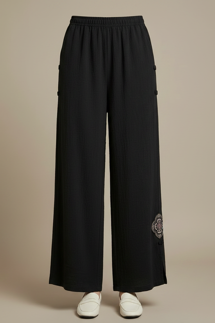 Pantalon Chinois Noir Ample Coton Brodé Fendu - Lin - vue 3