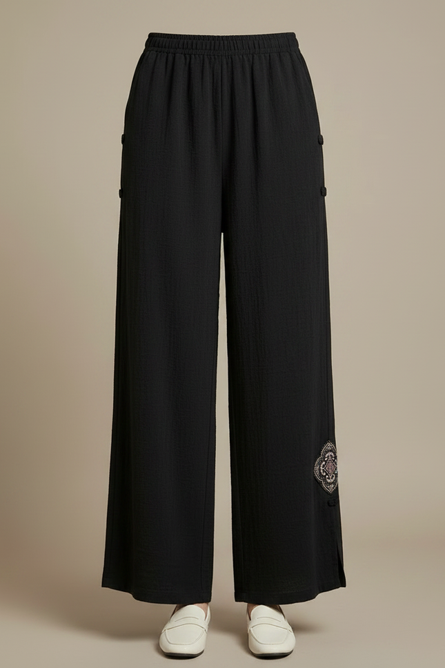 Pantalon Chinois Noir Ample Coton Brodé Fendu - Lin - vue 3