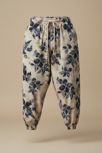 Pantalon Chinois Imprimé Floral Ample Coton Lin Beige - vue 3