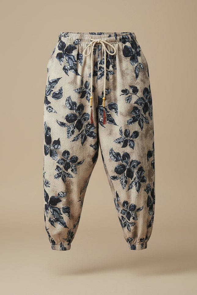 Pantalon Chinois Imprimé Floral Ample Coton Lin Beige - vue 3