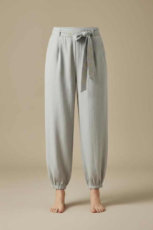 Pantalon Chinois Gris Clair Ample Coton Brodé - vue 3