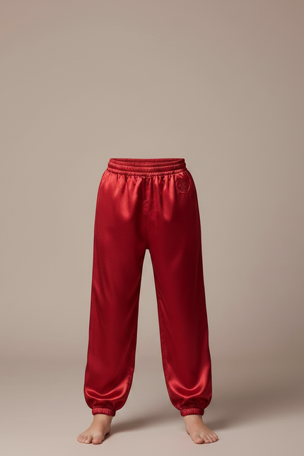 Pantalon Chinois Rouge Satiné Ample Enfant Brodé - vue 3