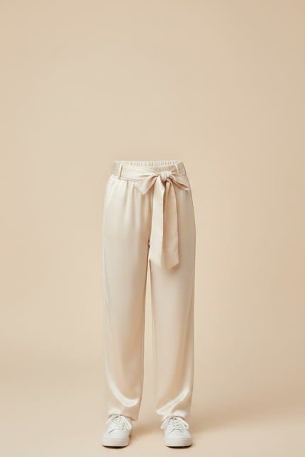 Pantalon Chinois Crème Satiné Ample Ceinturé Élégant - Beige - vue 3