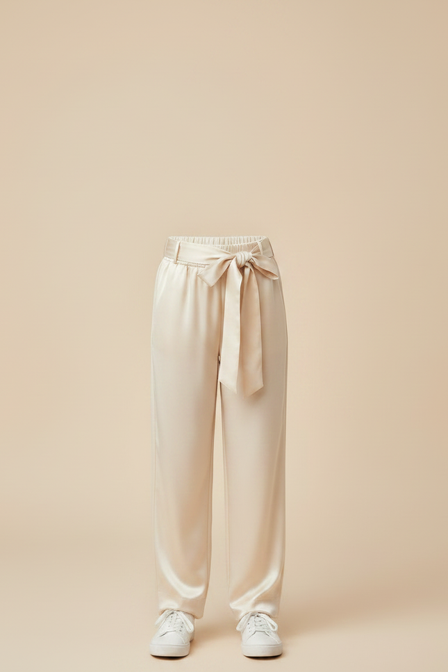 Pantalon Chinois Crème Satiné Ample Ceinturé Élégant - Beige - vue 3