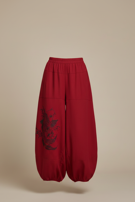 Pantalon Chinois Rouge Brodé Carpe Fluide Ample - Laine - vue 3