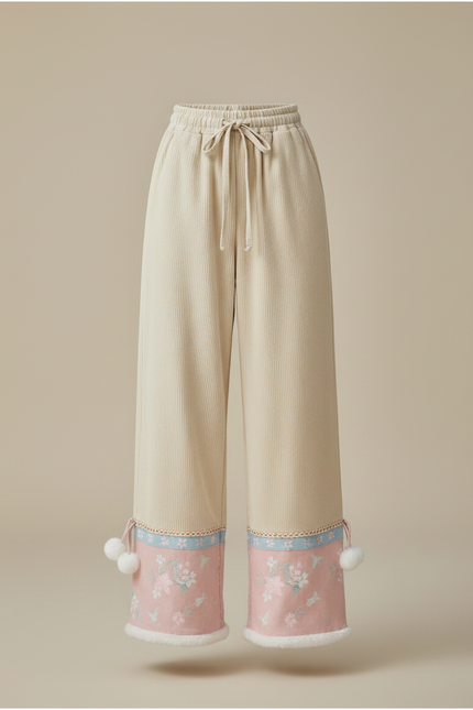 Pantalon Chinois Velours Côtelé Brodé Rose Ample Hiver - Beige Cordé - vue 3