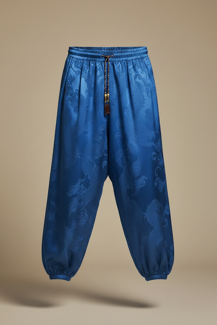 Pantalon Chinois Bleu Satin Dragon Ample Harem - vue 3