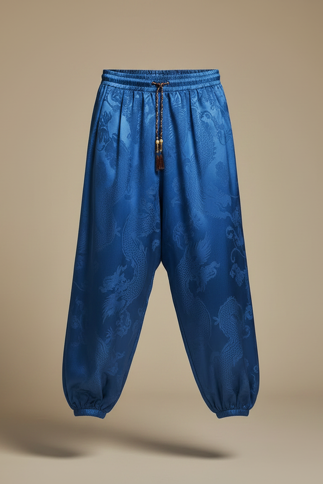 Pantalon Chinois Bleu Satin Dragon Ample Harem - vue 3