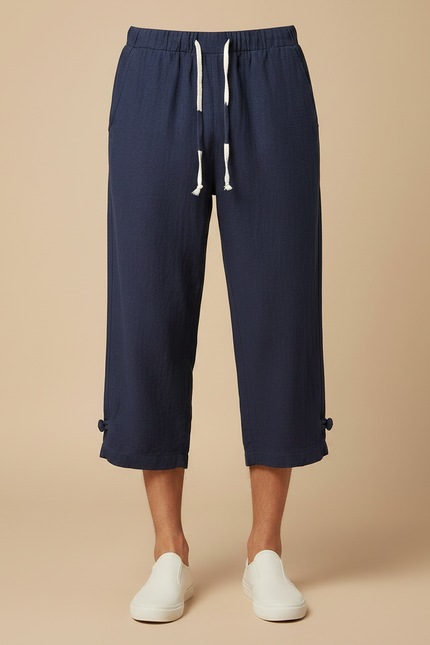 Pantalon Chinois Bleu Marine Lin Ample Décontracté Homme - vue 3