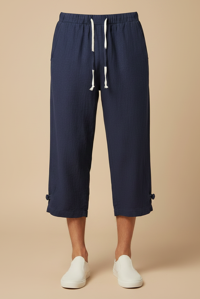 Pantalon Chinois Bleu Marine Lin Ample Décontracté Homme - vue 3