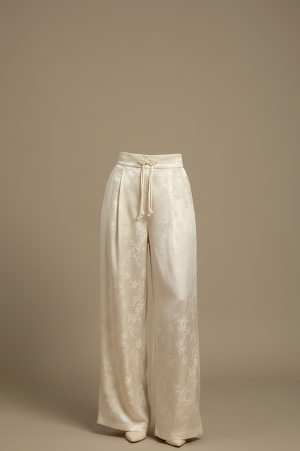 Pantalon Chinois Blanc Jacquard Ample Fluide Élégant - Satin - vue 3