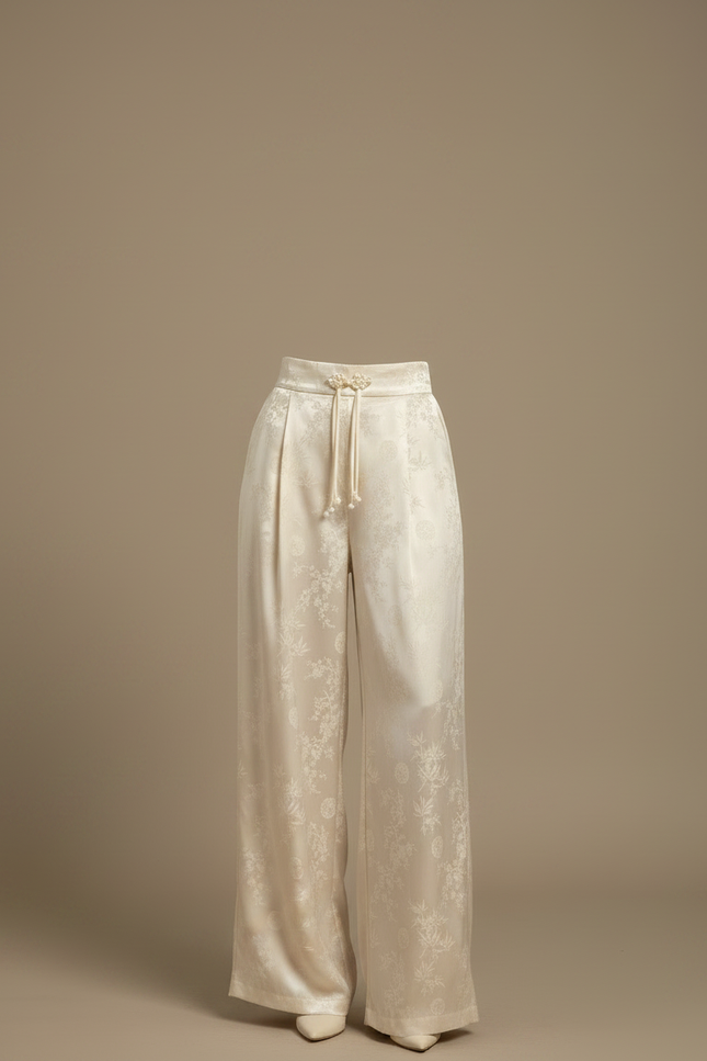 Pantalon Chinois Blanc Jacquard Ample Fluide Élégant - Satin - vue 3