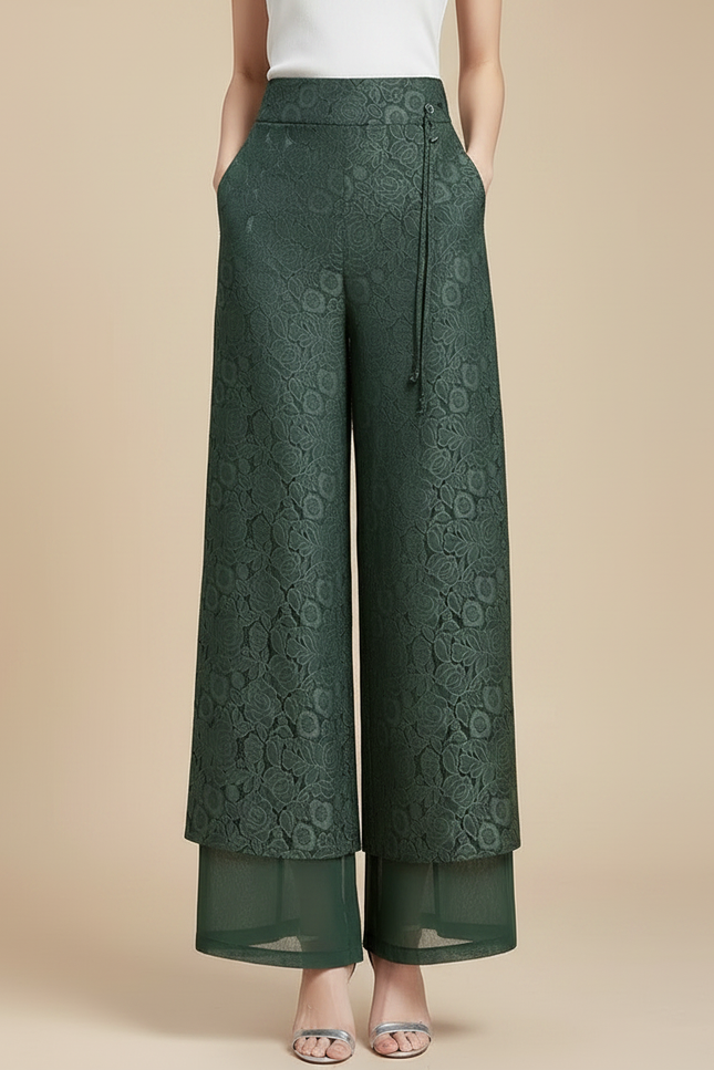Pantalon Chinois Vert Brodé Ample Fluide Femme - Polyester - vue 3