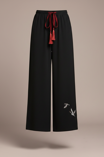 Pantalon Chinois Noir Fluide Brodé Élégant Femme - Polyester - vue 3