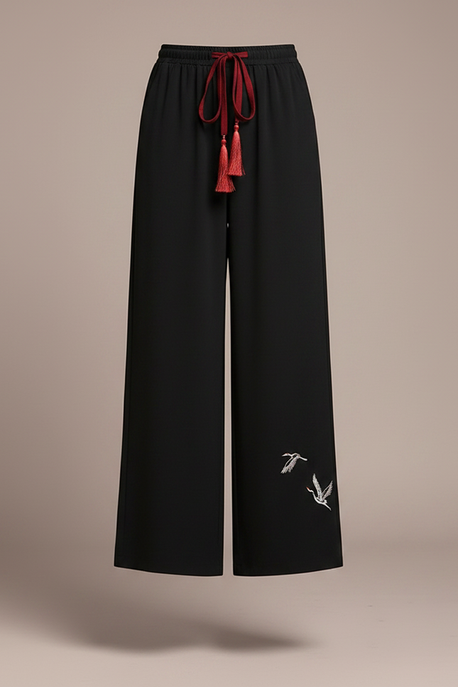 Pantalon Chinois Noir Fluide Brodé Élégant Femme - Polyester - vue 3