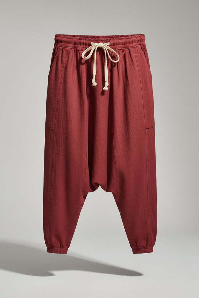 Pantalon Chinois Harem Lin Rouge Cordon Ample Homme - Bordeaux - vue 3