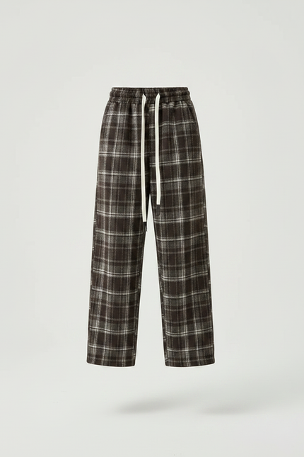 Pantalon Chinois Carreaux Marron Ample Décontracté Coton - Laine - vue 3