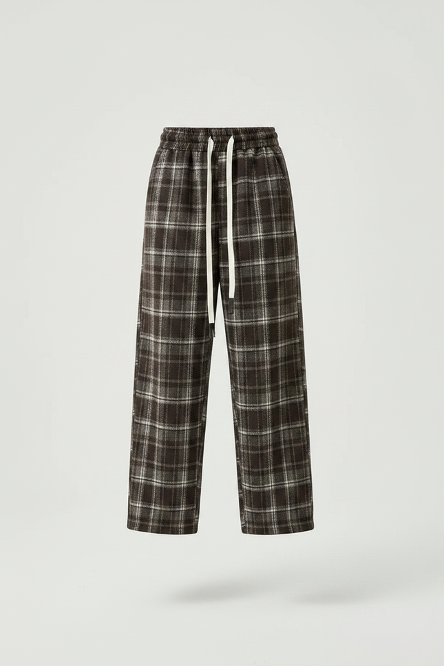 Pantalon Chinois Carreaux Marron Ample Décontracté Coton - Laine - vue 3