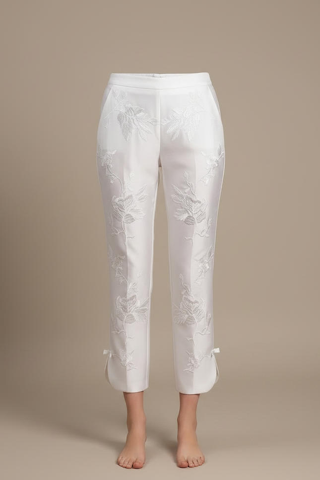 Pantalon Chinois Blanc Brodé Floral Élégant Femme - Satin - vue 3