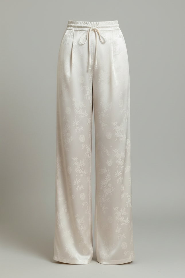 Pantalon Chinois Satin Jacquard Ample Écru Élégant - Beige - vue 3