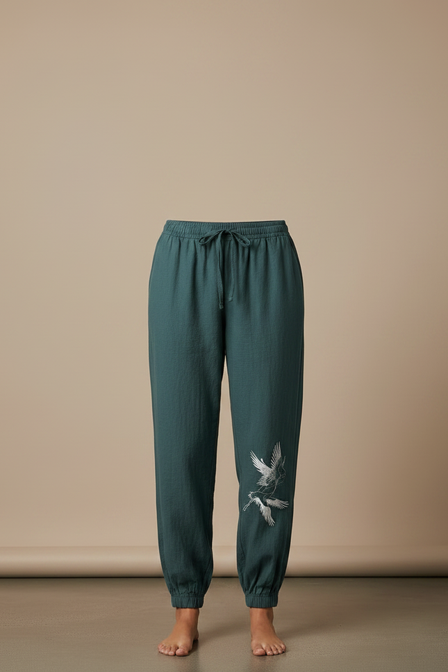 Pantalon Chinois Vert Canard Brodé Fluide Ample - Lin - vue 3