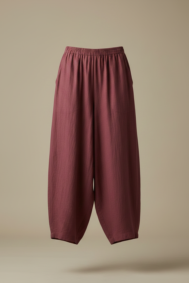 Pantalon Chinois Ample Lin Bordeaux Fluide Décontracté - vue 3