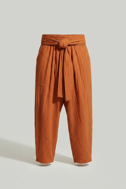Pantalon Chinois Harem Orange Lin Plissé Décontracté Homme - vue 3