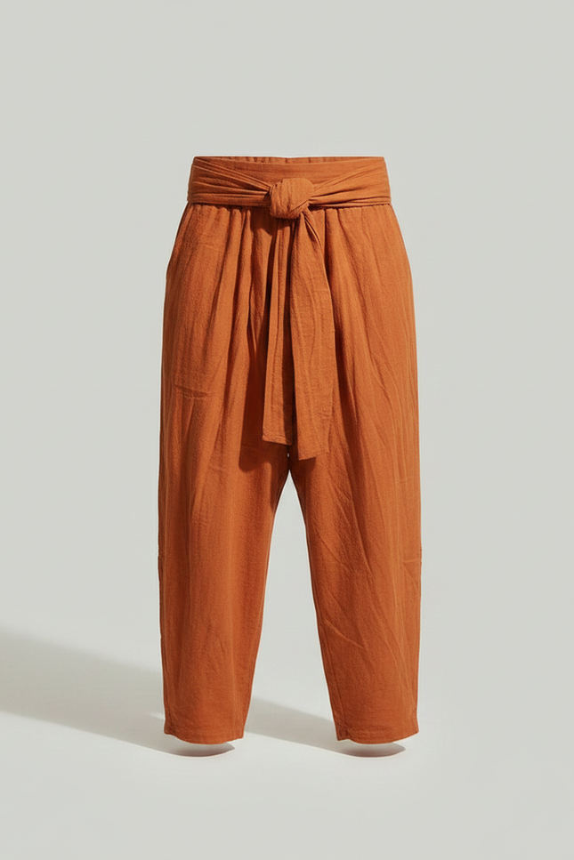 Pantalon Chinois Harem Orange Lin Plissé Décontracté Homme - vue 3