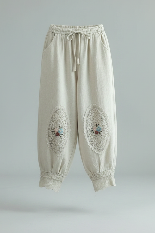 Pantalon Chinois Lin Coton Harem Brodé Ethnique Écru - Beige - vue 3