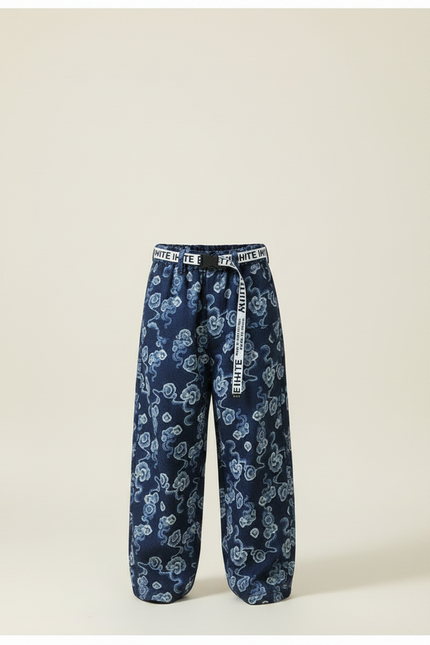 Pantalon Chinois Denim Ample Nuages Imprimés Ceinture Garçon - Jean - vue 3