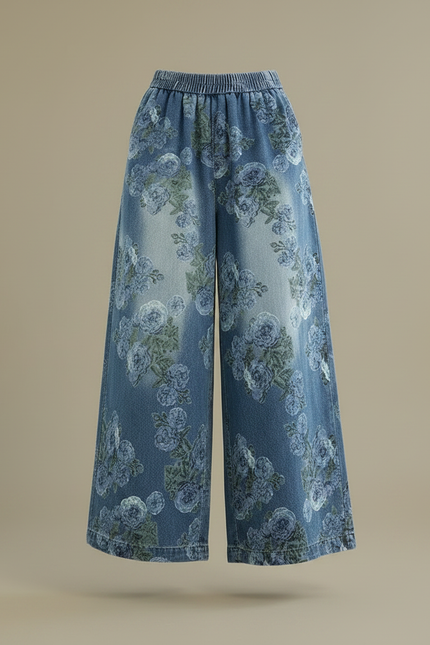 Pantalon Chinois Denim Floral Ample Fluide Imprimé - Jean - vue 3