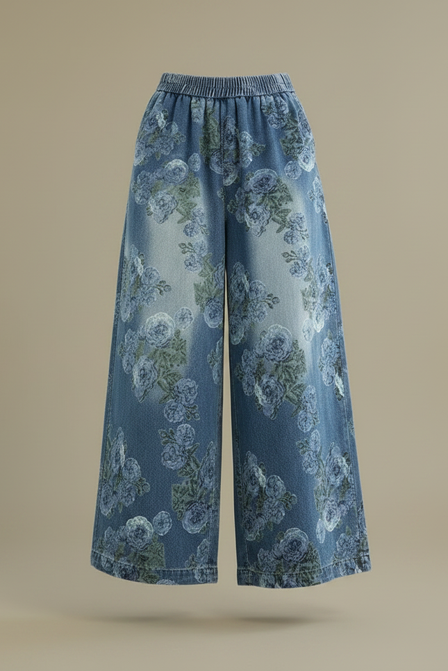 Pantalon Chinois Denim Floral Ample Fluide Imprimé - Jean - vue 3