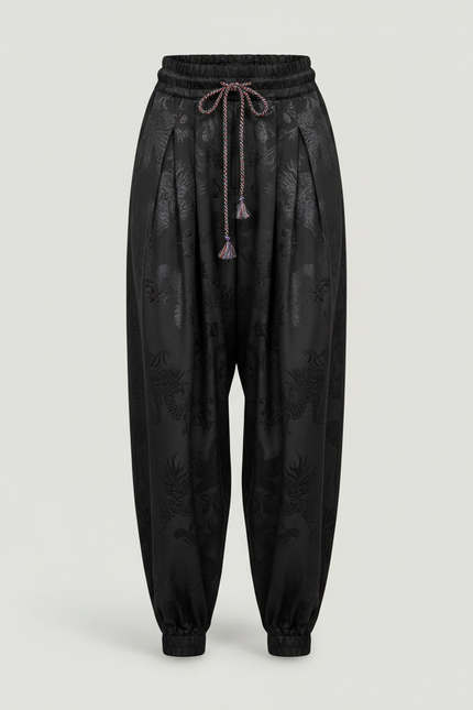 Pantalon Chinois Noir Satin Dragon Ample Homme - vue 3