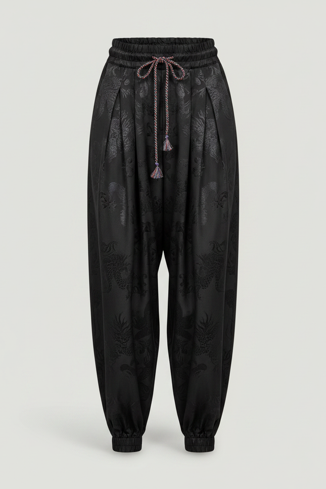 Pantalon Chinois Noir Satin Dragon Ample Homme - vue 3