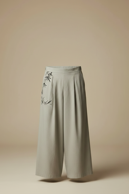 Pantalon Chinois Ample Gris Lin Brodé Bambou Homme - vue 3