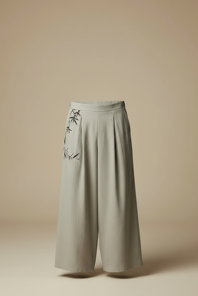 Pantalon Chinois Ample Gris Lin Brodé Bambou Homme - vue 3