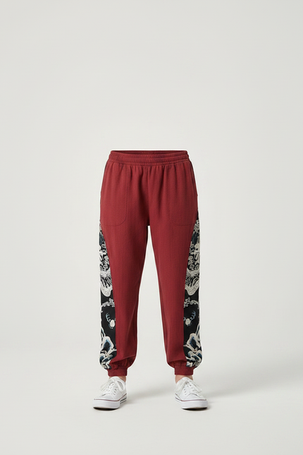 Pantalon Chinois Rouge Coton Ample Dragon Garçon - Bordeaux - vue 3