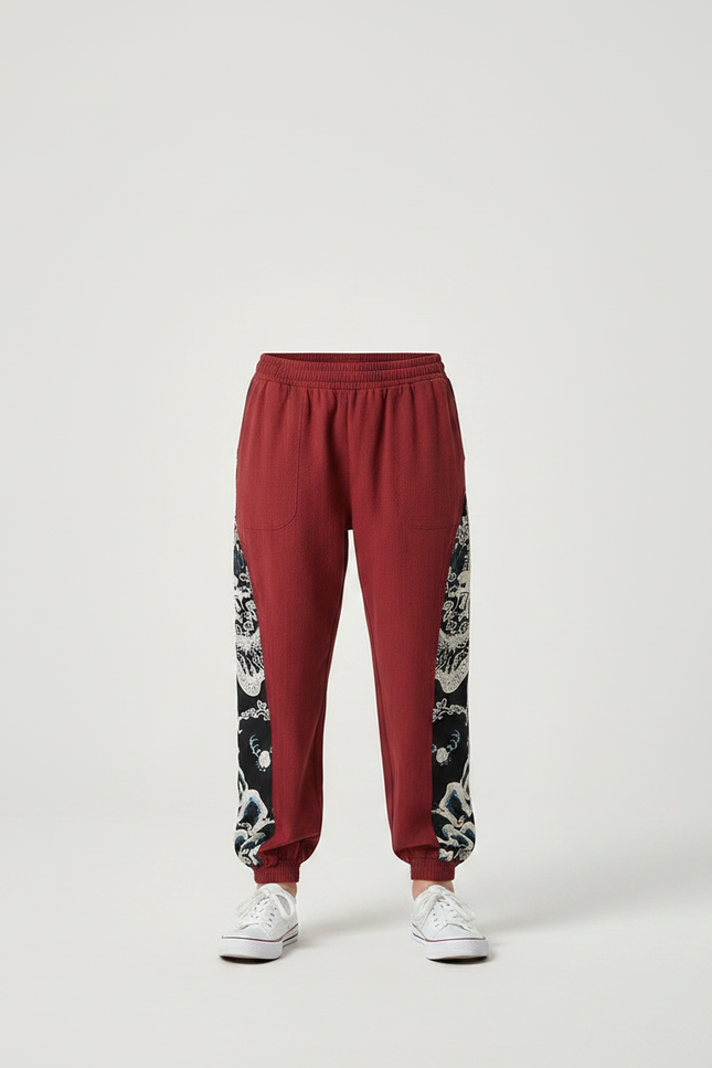 Pantalon Chinois Rouge Coton Ample Dragon Garçon - Bordeaux - vue 3