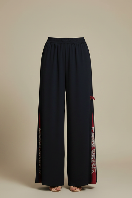 Pantalon Chinois Noir Fendu Motif Dragon Rouge Fluide - Viscose - vue 3