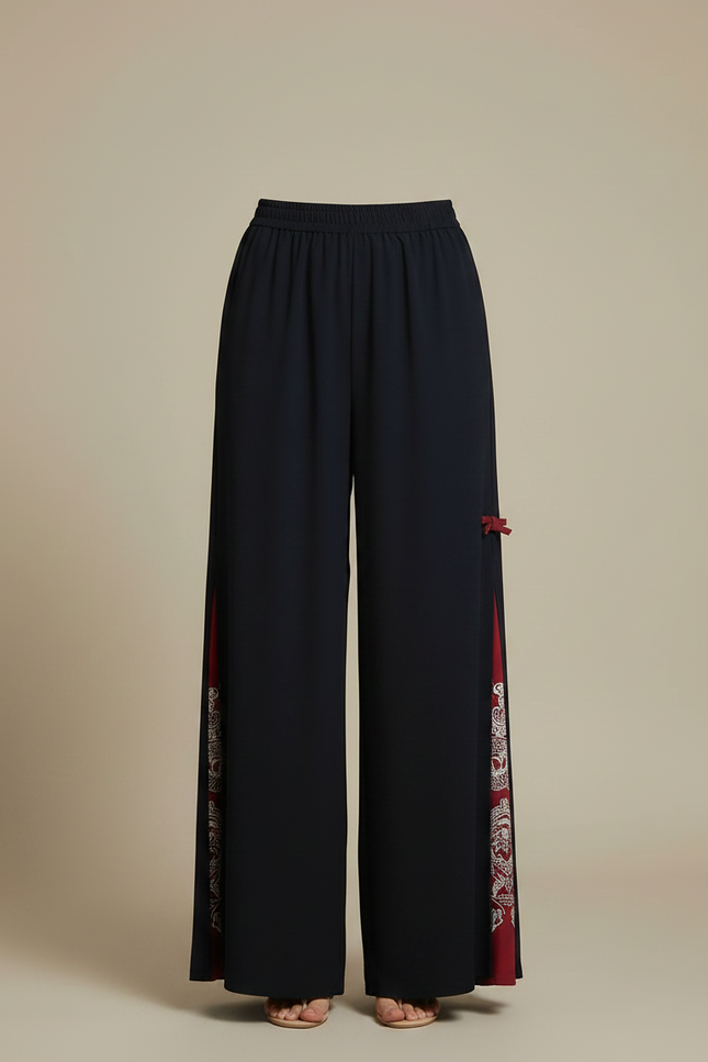 Pantalon Chinois Noir Fendu Motif Dragon Rouge Fluide - Viscose - vue 3