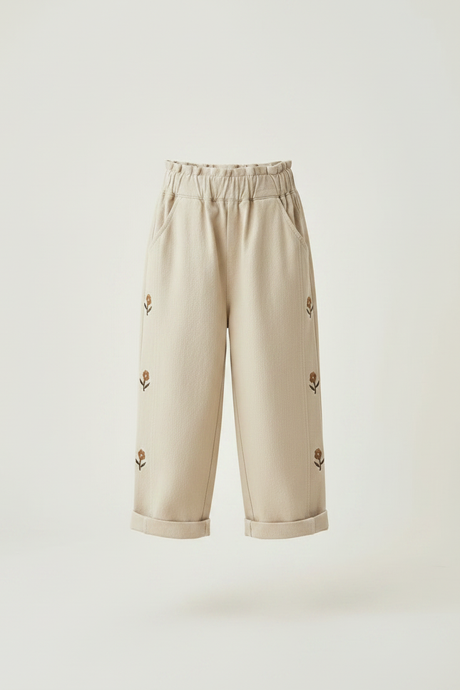 Pantalon Chinois Beige Brodé Fleurs Coton Enfant - vue 3
