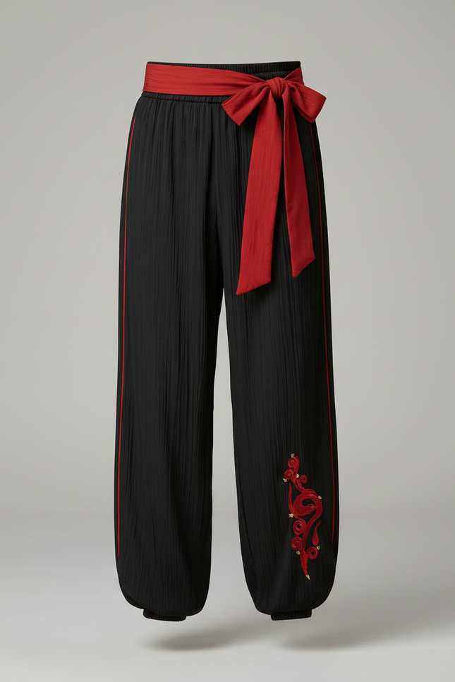 Pantalon Chinois Noir Ample Brodé Dragon Rouge - Coton - vue 3