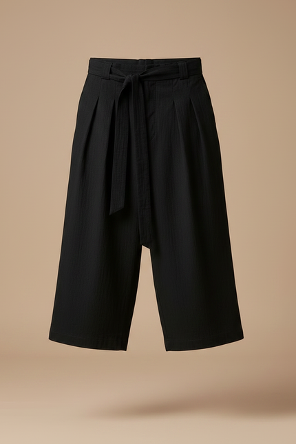 Pantalon Chinois Noir Ample Coton Lin Ceinturé Décontracté - vue 3