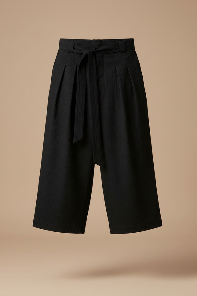 Pantalon Chinois Noir Ample Coton Lin Ceinturé Décontracté - vue 3