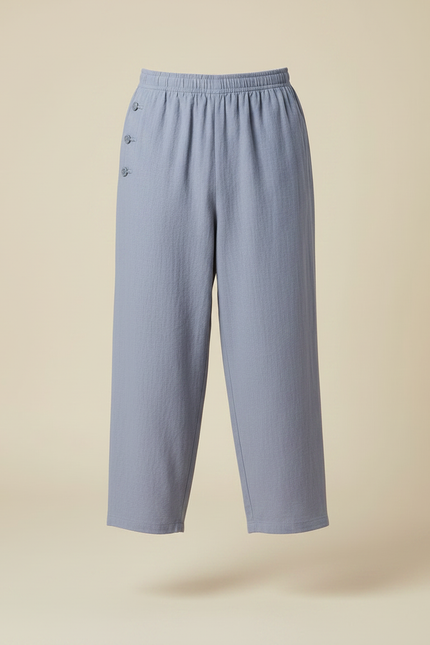Pantalon Chinois Gris Ample Coton Lin Boutons - Bleu - vue 3