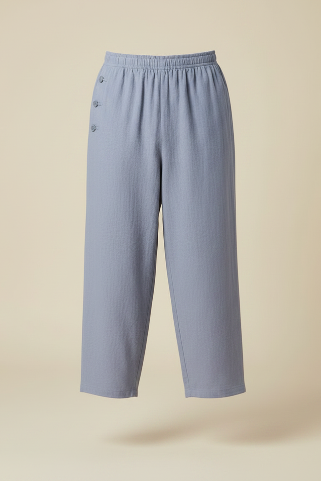 Pantalon Chinois Gris Ample Coton Lin Boutons - Bleu - vue 3