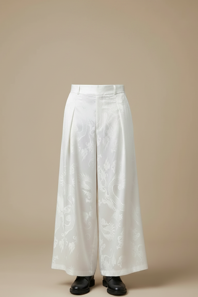 Pantalon Chinois Blanc Ample Jacquard Dragon Fluide - Satin - vue 3