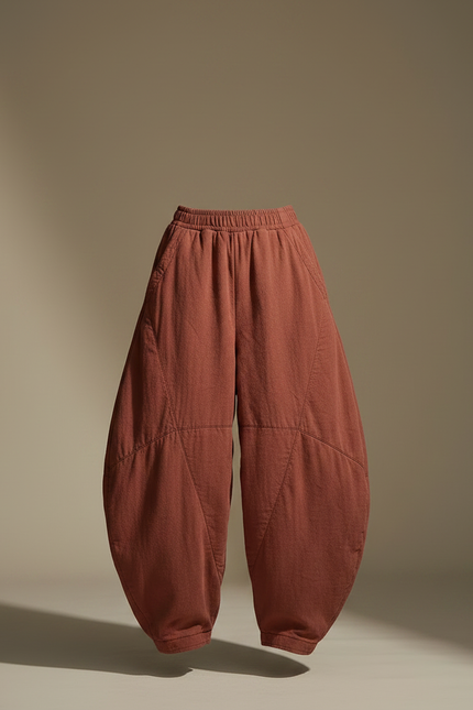 Pantalon Chinois Harem Coton Lin Matelassé Ample - Marron - vue 3