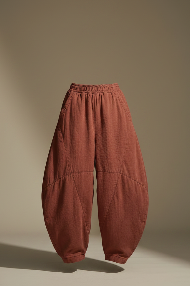 Pantalon Chinois Harem Coton Lin Matelassé Ample - Marron - vue 3