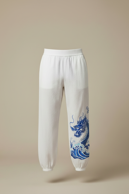 Pantalon Chinois Blanc Ample Brodé Dragon Bleu - Lin - vue 3